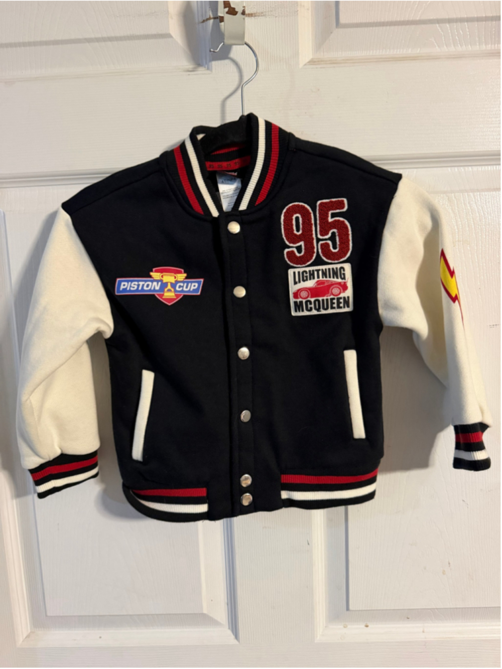 Boys Disney Pixar Cars Lightning McQueen Varsity Jacket Black White 4T